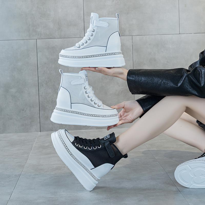 Leather Little White Shoes Children's 2025 Summer New Versatile Thick Sole Inner Height Increase Mesh Small Size High Top Casual Board Shoes