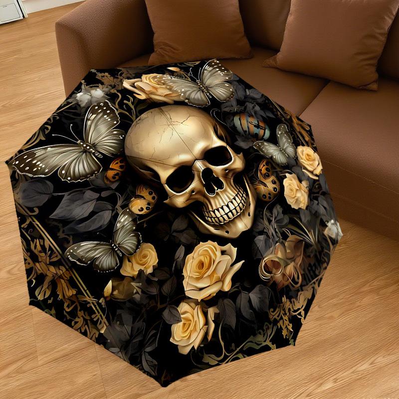 1PC Skull Flowers Umbrella-8-Rib Reinforced, Automatic Open, Lightweight & Durable, Fashion Accessory for Outdoor-D318