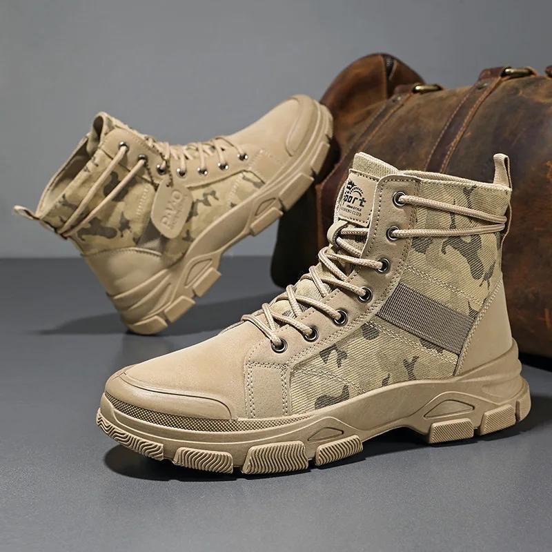 Fashion Camouflage Shoes for Men Fashion Lace Up Outdoor Male Booties New Ankle Boots for Men Spring Chunky Desert Ankle Boots