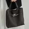 Niche Design Lock Buckle Leather Bucket Bag Pebble Pattern Top Layer Cowhide Large Capacity Portable Commuter Shoulder Bag