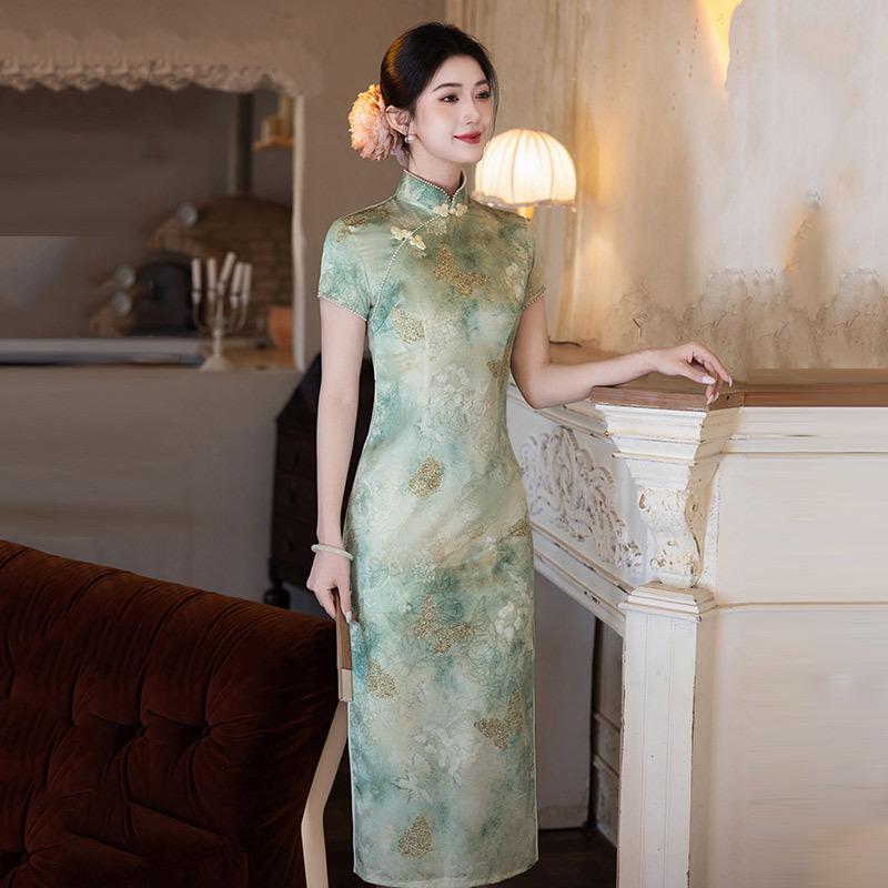 Green national style new Chinese long cheongsam improved young 1011 new women's retro short-sleeved catwalk summer