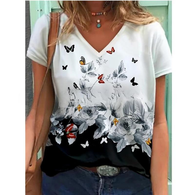 Spring Summer Pullover Abstract Retro Printed Street Short Sleeve Multicolour Loose Fit V-Neck T-Shirt