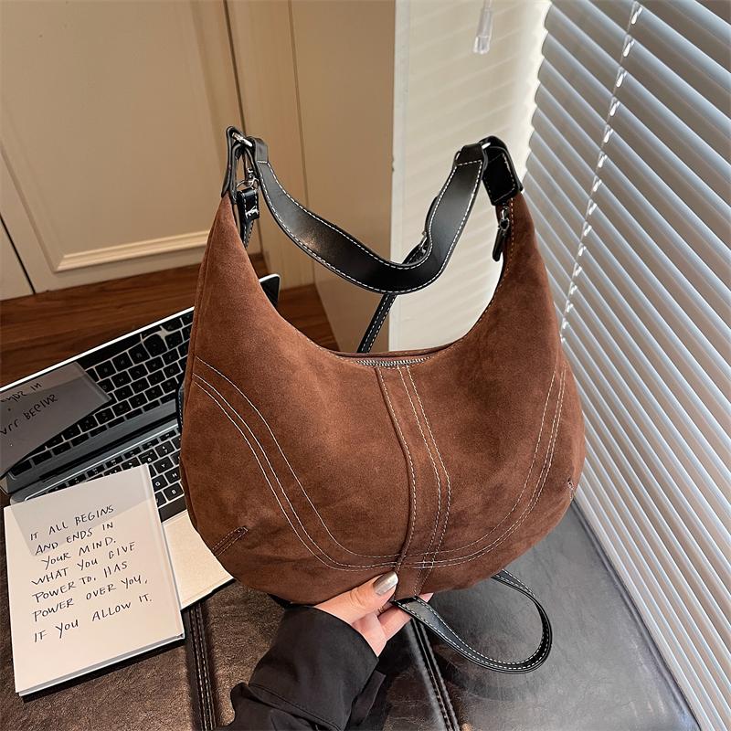 Fashion Vintage Soft Suede Hobo Bag Large Capacity Women Casual Crescent Shoulder Bag Streetwear Crossbody Purse for Work
