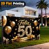 2D Feliz 50 Cumpleaños Polyester Banner, Decoración de Fiesta con Temática Dorada