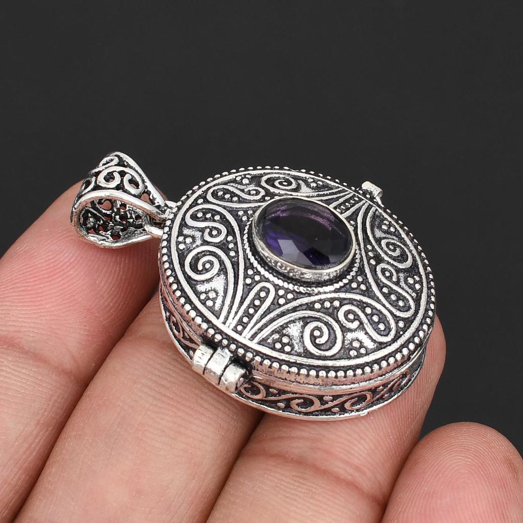 Vintage Oxidized Silver Round Locket Pendant with Purple Amethyst Gemstone  Intricate Filigree Swirl Design, Boho Ethnic Style Jewelry