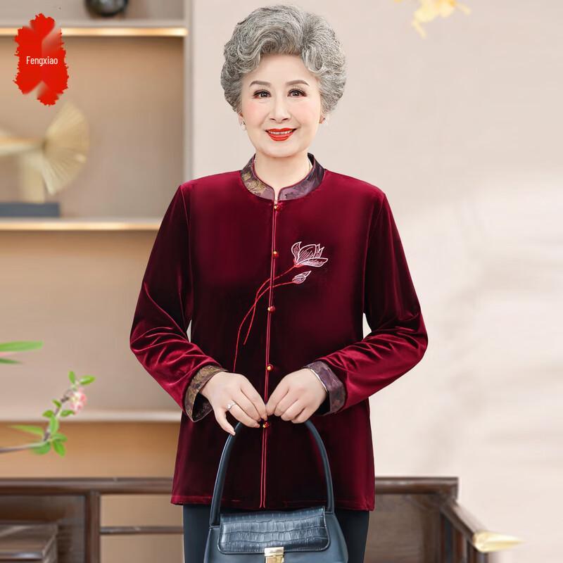 Elderly Women s Classical Embroidered Velvet Stand Collar Top 3XL