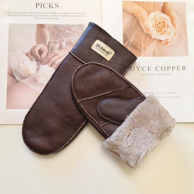 New Winter Warm Women's Sheepskin Gloves Thickened Wool Lined Solid Finger Leather Gloves