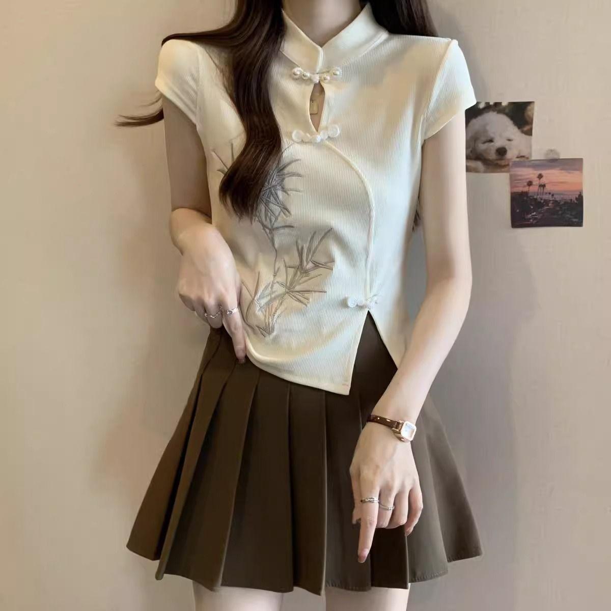 Modern Qipao-Style Stand Collar Top Bamboo Embroidery Pearl Button Short Sleeve Slim Women Blouse S абрикосовый