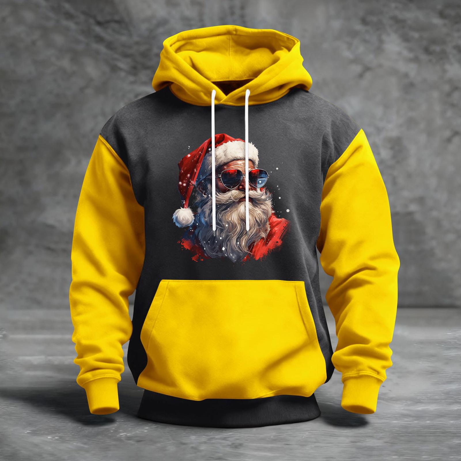 

Men s Christmas Print Color Block Hooded Casual Sports Comfort Sweatshirt XL жёлтый