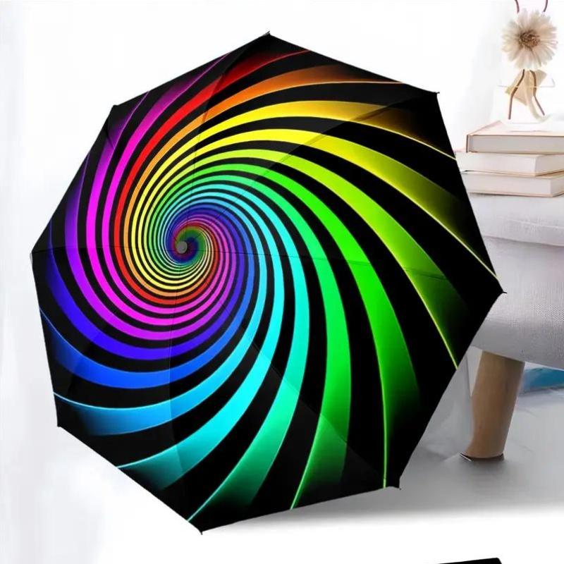 Automatic Folding Umbrella with Vibrant Rainbow Spiral Pattern, Portable and Compact Design for All Seasons - Perfect Outdoor