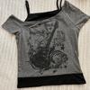 Y2k Slim Fit Print Tops Women Off Shoulder Short Sleeve Tee Shirt Neploe American Vintage Fake Two Piece Halter Lace Up T-shirts