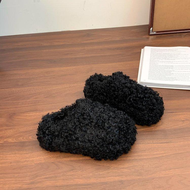 sponge cake thick bottom curly hair plush bag head half slippers women's wear 2025 autumn and winter new warm and heightening cotton slippers