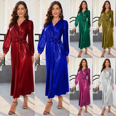V-neck Slim Lace Up Gold Plated Dress Evening Fashion Long Dress