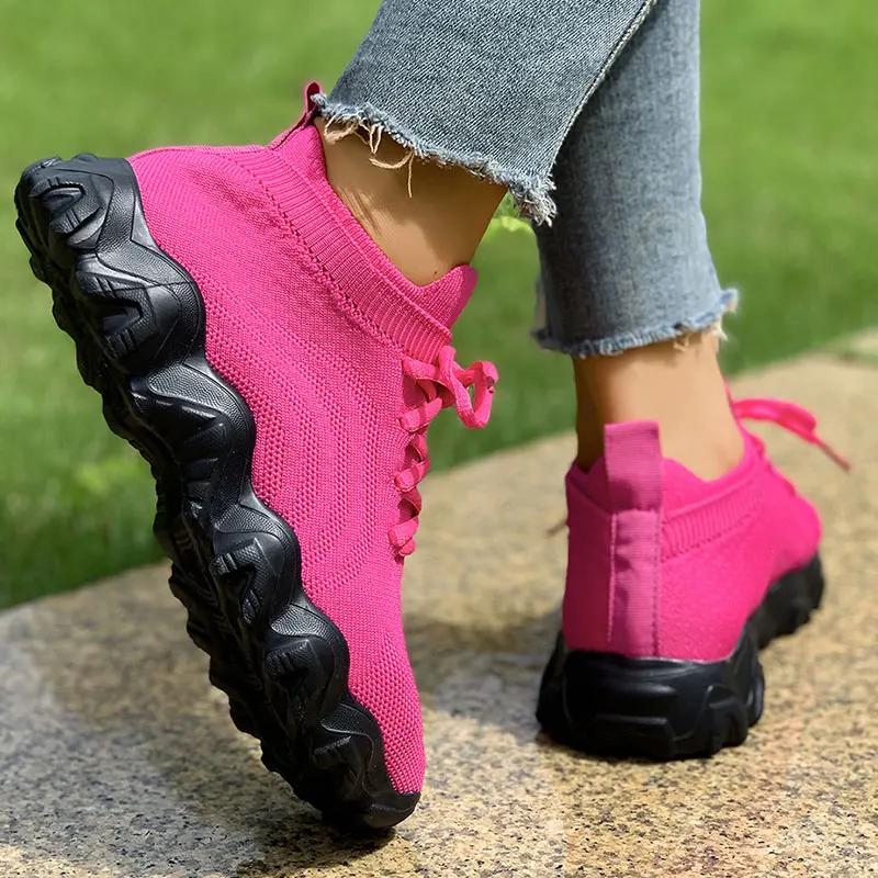 Fashion Rose Red Mesh Flat Vulcanize Shoes Women Summer Comfort Breathable Soft Sole Sneakers Plus Size Thick Sole Non Slip Casual Shoes