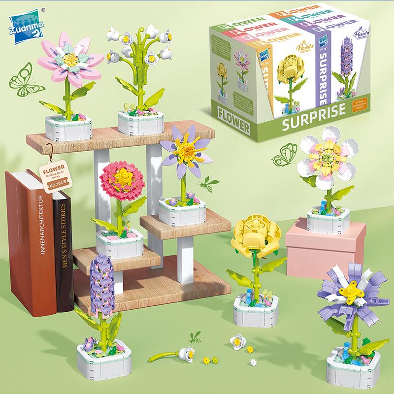 Kids' Educational Interlocking Building Blocks - Flower Potted Plant (Rose & Epiphyllum) Compatible with Top Building Block Models