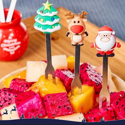 Fourchette à Fruits de Noël Réutilisable Set de Fourchettes à Fruits Arbre de Noël Élan Mignon Couleur Vive avec Porte-Gobelet en Céramique pour Fête pour Dessert