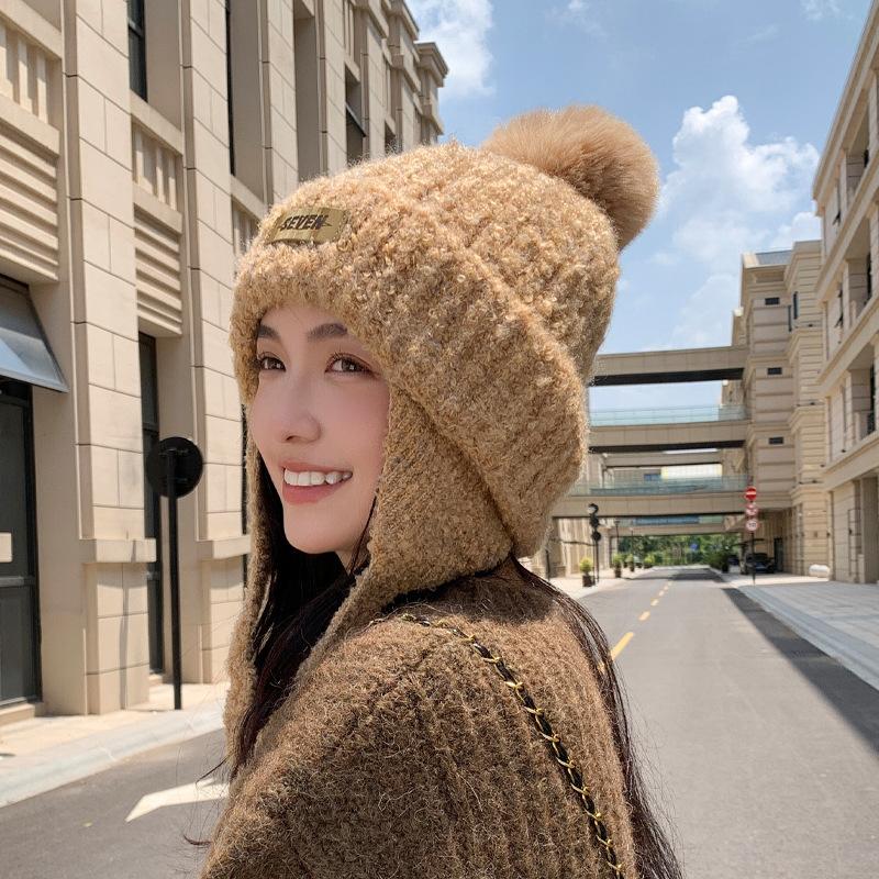 Autumn and Winter Plush Hat Women's Plush Warm Ear Protection Knitted Wool Hat Shows the Face Small Versatile Pullover