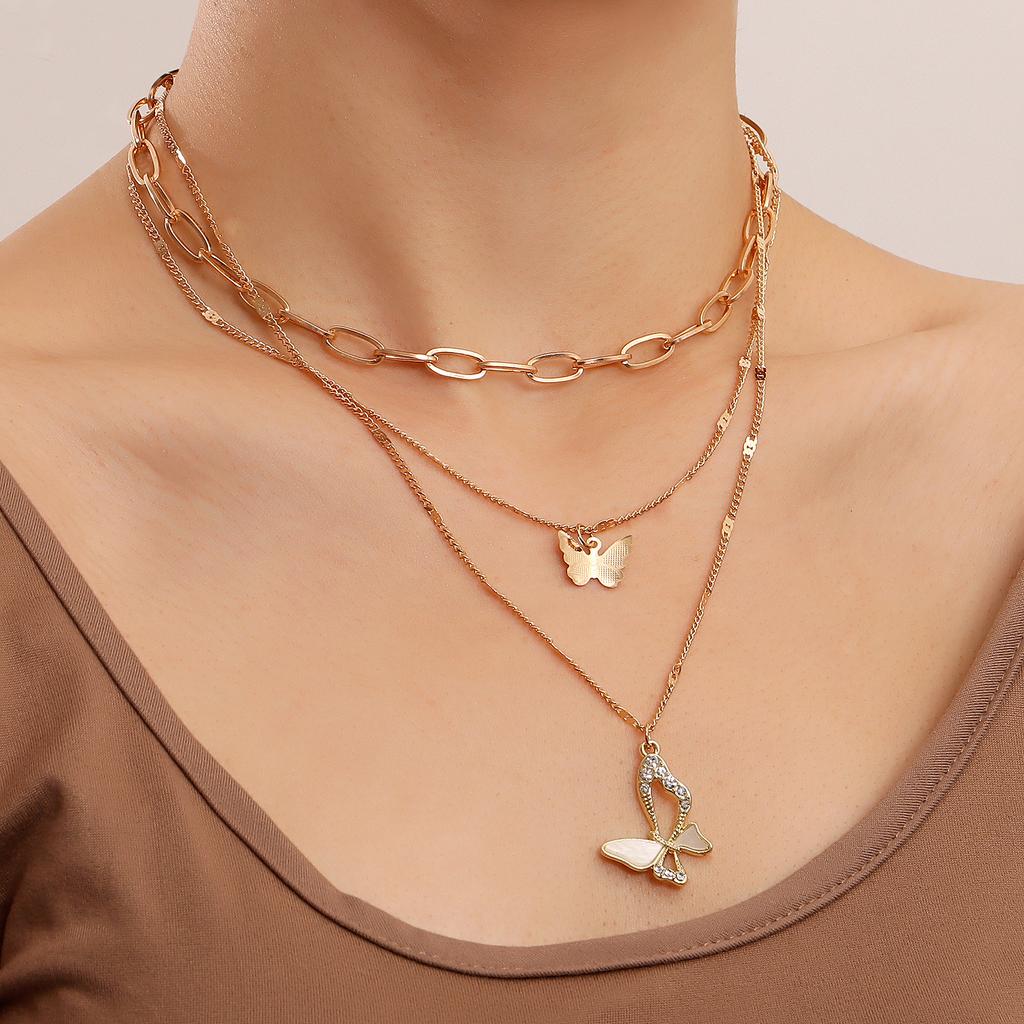 Fantastic light luxury trend multi-layer back chain micro-diamond fritillary butterfly pendant necklace
