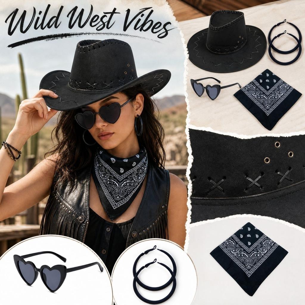 Costume Set with Hat, Glasses and Earrings for Western Role Play