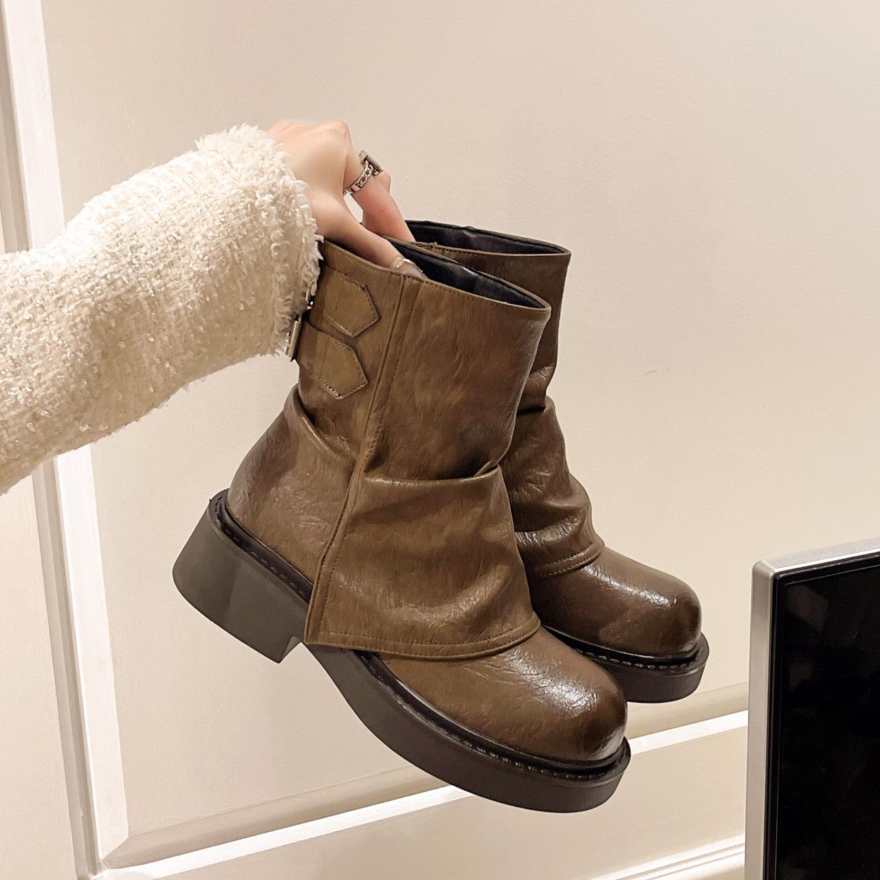 

Женские короткие ботинки 2025 новые весенне-осенние тонкие ботинки на толстой подошве коричневые брюки одинарные ботинки рыцарские полусапоги женские ботинки 40 темно-коричневого