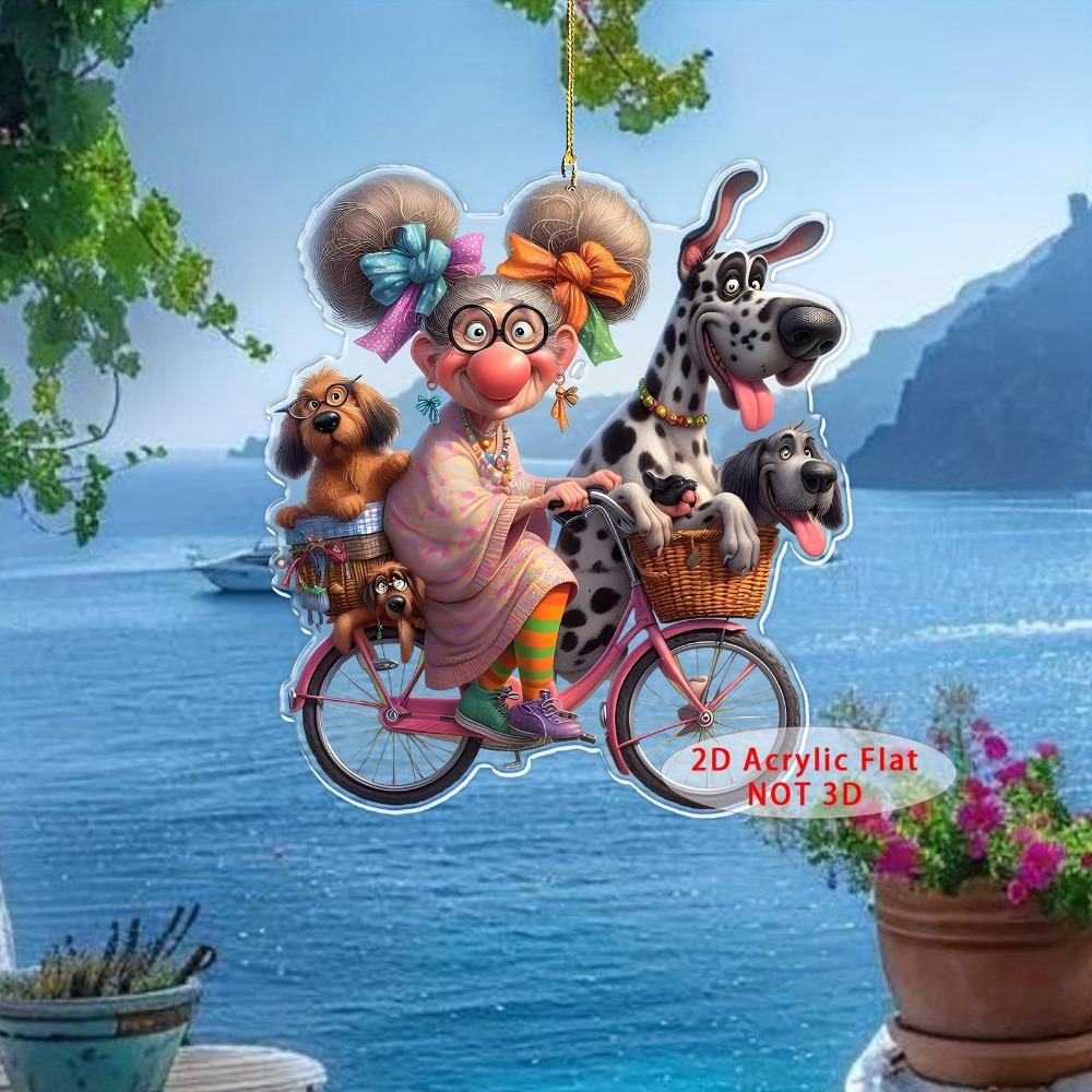 Flache 2D Kristall Hängedekoration - Niedliche Oma und Hund beim Radfahren Heimdekor Anhänger Perfekt für Feiertagsgartenpartys, Rucksackanhänger