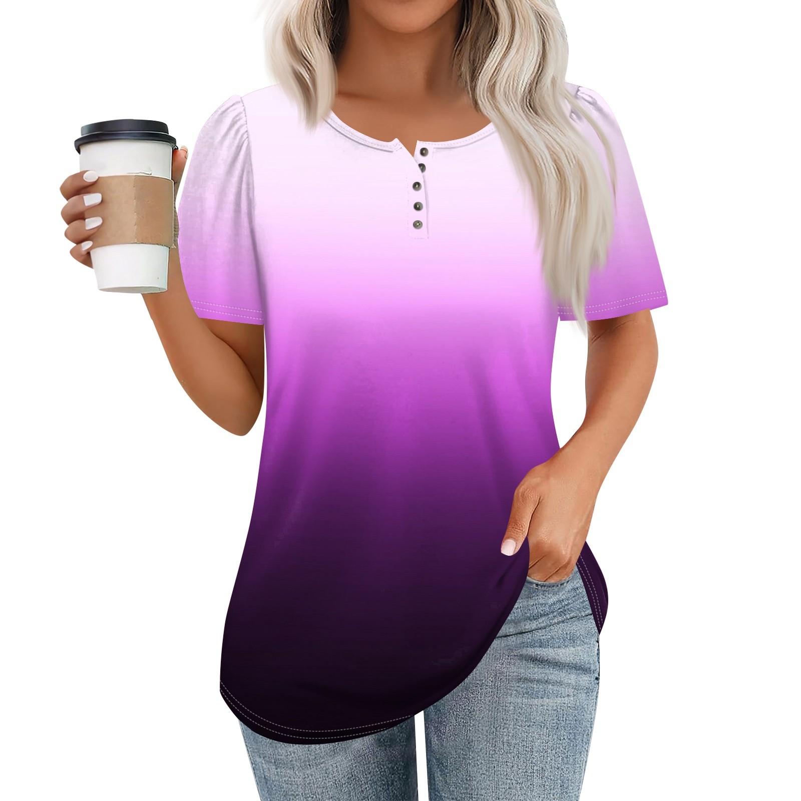 

Женский модный повседневный короткий рукав пуловер с принтом на пуговицах и круглым вырезом XL фиолетовый