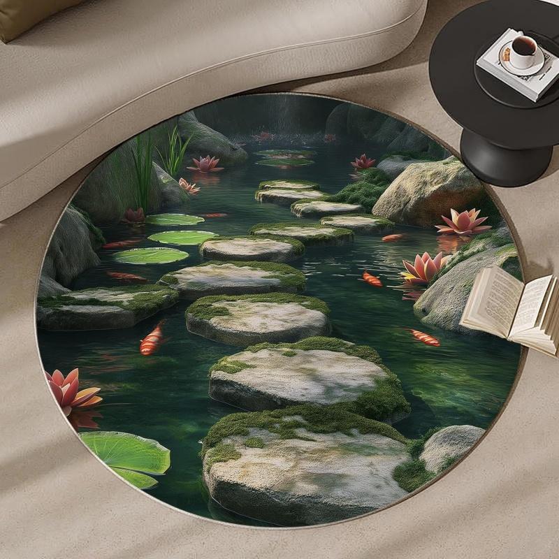 Koi Fish Pond Round Area Rug Non-Slip Floor Mat for Living Room Bedroom Feng Shui Home Decor