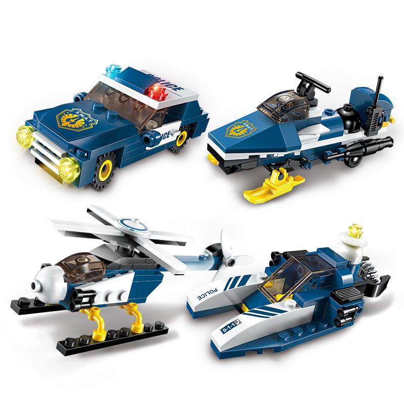 381pcs 8in1 Police Car Fighter Helicopter Landing Patrol Craft Boat Weapon Boy Building Block Toy