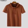 INCERUN Summer Men Drawstring Neck Short Sleeves Casual Fitted Tee Tops