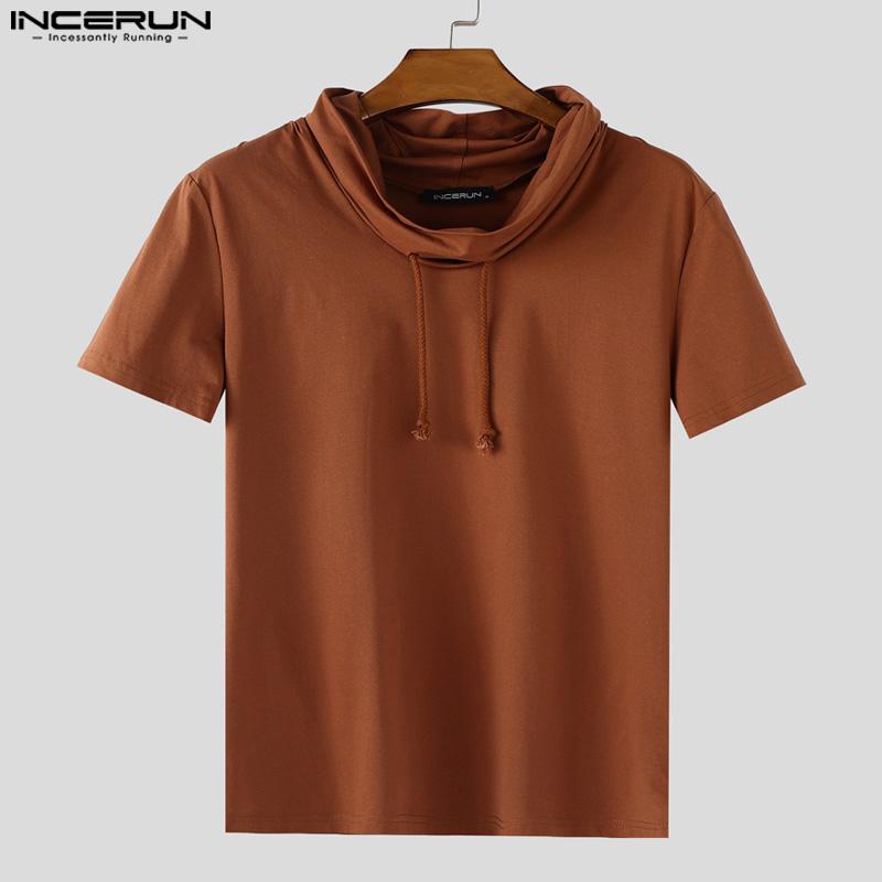 INCERUN Summer Men Drawstring Neck Short Sleeves Casual Fitted Tee Tops