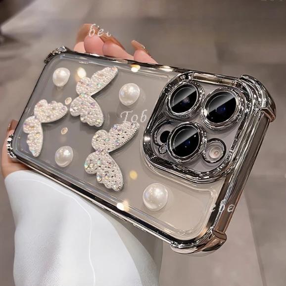 3D Pearl Butterfly Shockproof Plating Silicone Case for iPhone 16 16E 15 14 13 12 Mini 11 Pro XS Max XR X 8 7 Plus Cover