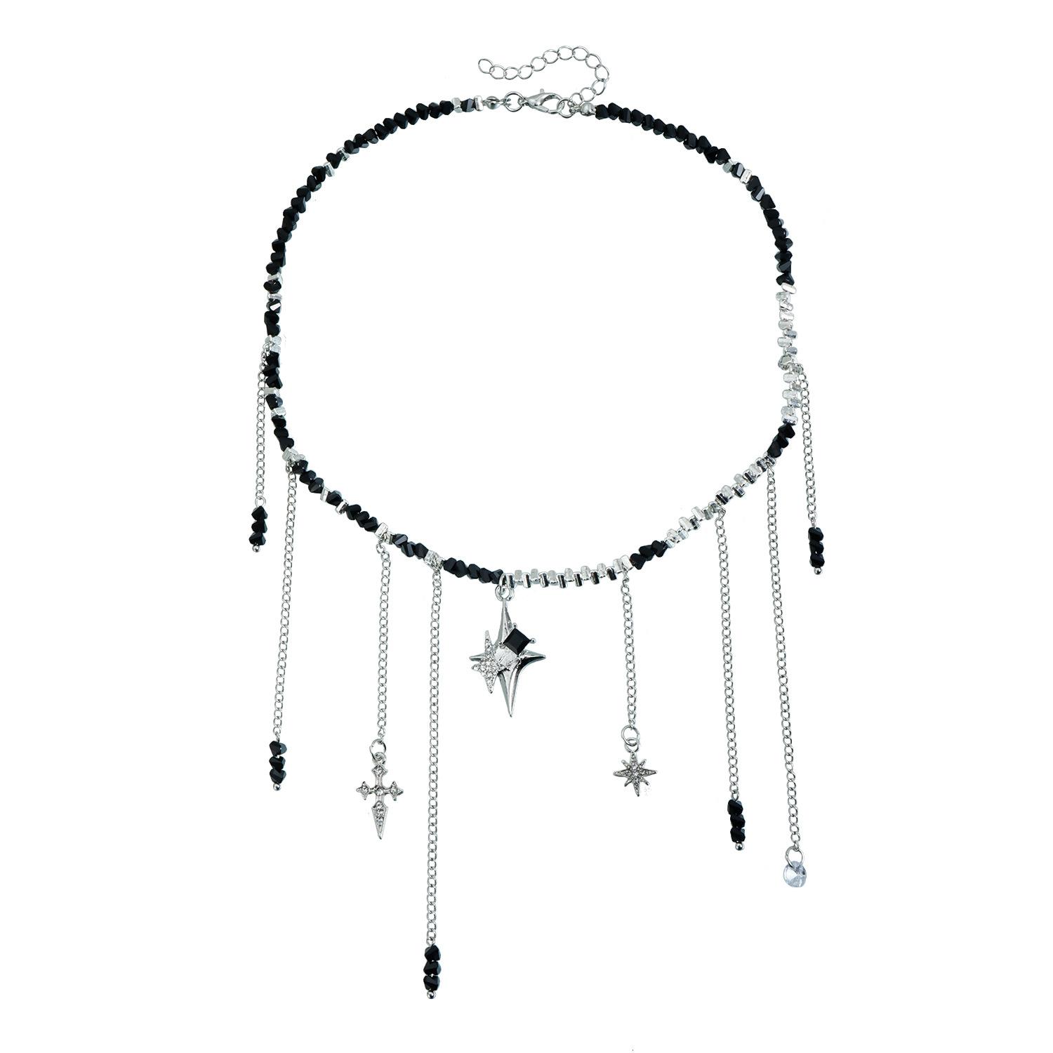 

Y1K Spice Girl Wind Black Bead Necklace ins Mix and Match Star Cross Tassel Eye Sucking Collarbone Chain