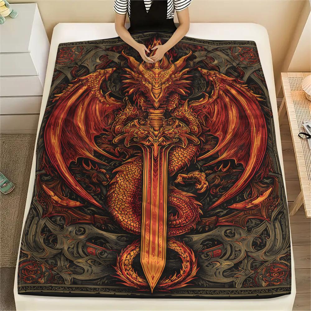 Sword and Dragon Print Flannel Blanket,High quality Comfortable for All Seasons,Home Decor,Warmth and Comfort,Perfect for Christmas Gifts