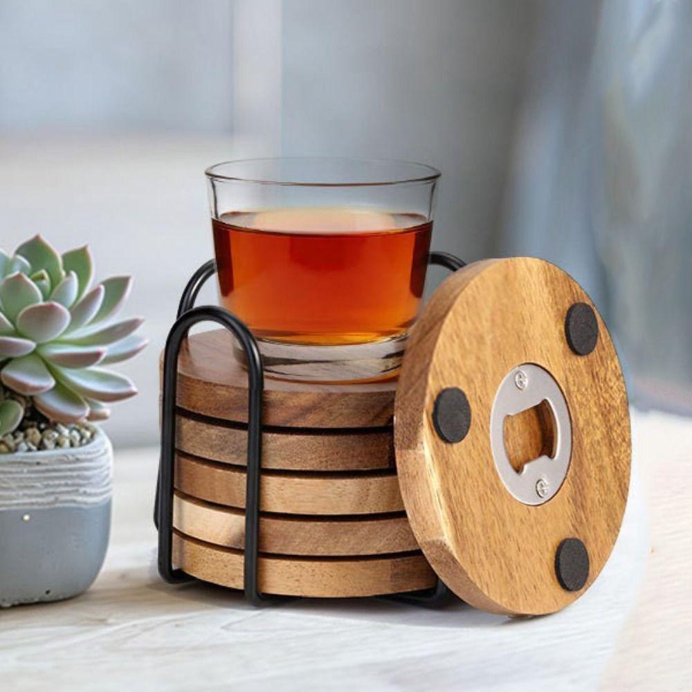 6PCS Round Insulated Cup Pad 2 in 1 Party Cup Mat Set Wood Coaster with Bottle Opener  Dining Table