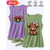 Follow a Specific Direction Two-piece Women's Vest Set Highland Cow Cartoon Print Elegant Summer Party Outfits Sleeveless Vest Essential Fashion