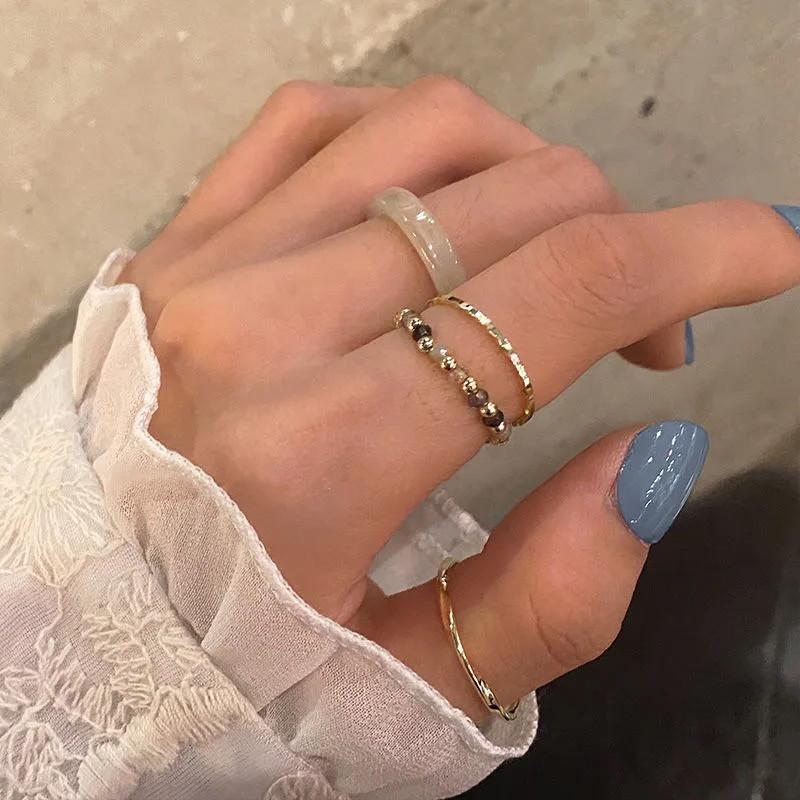 Colorful Retro Japanese-Korean Beaded Resin Acetate Wave Ring Set