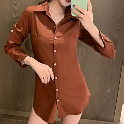 Women Shirt Lapel Long Sleeve Mid-length Style Shirt Solid Color Buttons Placket Casual Regular Fit Tops Daily Wear