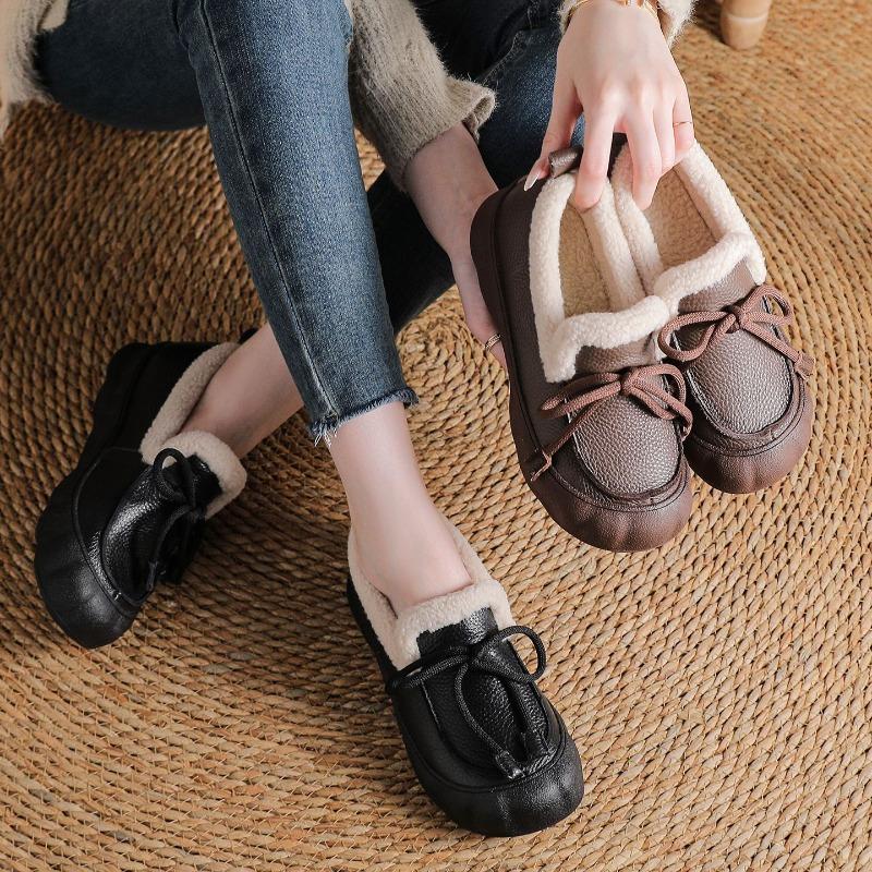 The First Layer of Cowhide Winter New Velvet Warm Fur Leather Shoes Platform Cotton Shoes Women's Shoes Wide Fat Feet Mother Shoes