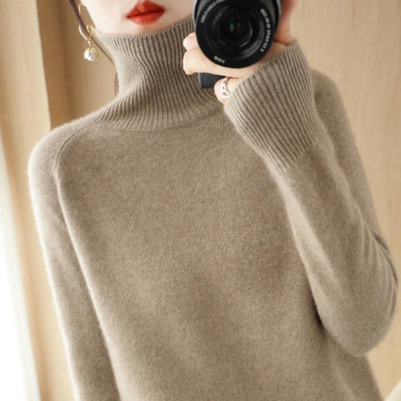 Dames Høst Vinter Koreansk Stil Løs Høy Hals Ensfarget Raglanermer Kort Pullover Strikket Baseplagg