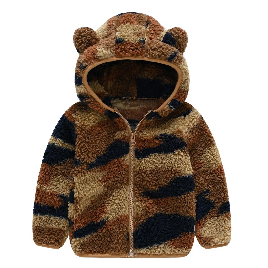 Plush Boys Jacket Autumn Winter Cute Bear Ears Keep Warm Princess Girls Coat Hooded Zipper Outerwear 1-6 Years Kids Clothes