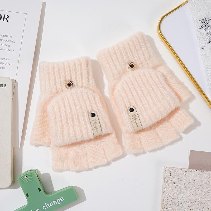 Зимние вязаные перчатки с откидным верхом, перчатки без пальцев для женщин, утолщенные теплые перчатки, студенческие перчатки с половиной пальцев для письма