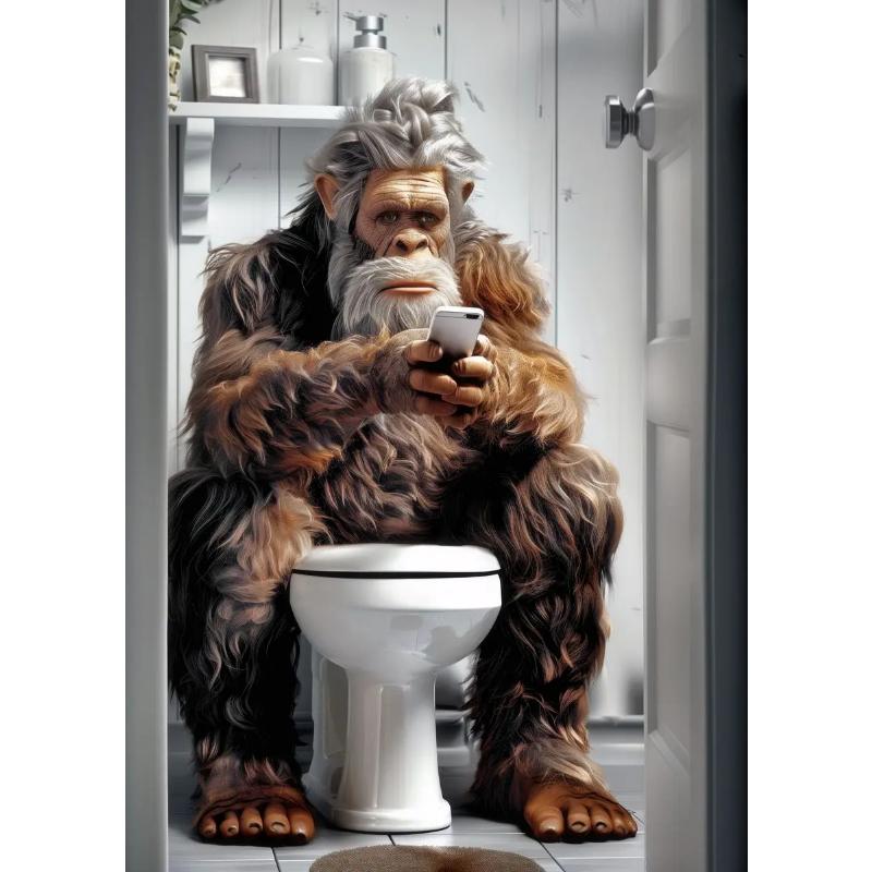 Modern Lion Dog Highland Sitting On Toilet Reading Newspaper Poster Funny Animal Print Canvas Painting Bathroom Decor Picture