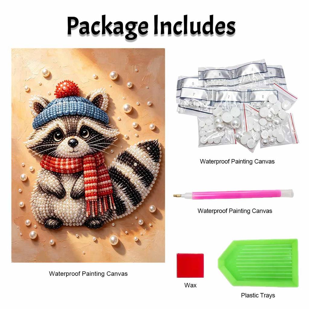 DIY Pearl Bead Painting Kit Cute Raccoon Winter Hat Scarf Stress Relief Craft Frameless 3D Canvas Art for Adults Home Decoration Gift