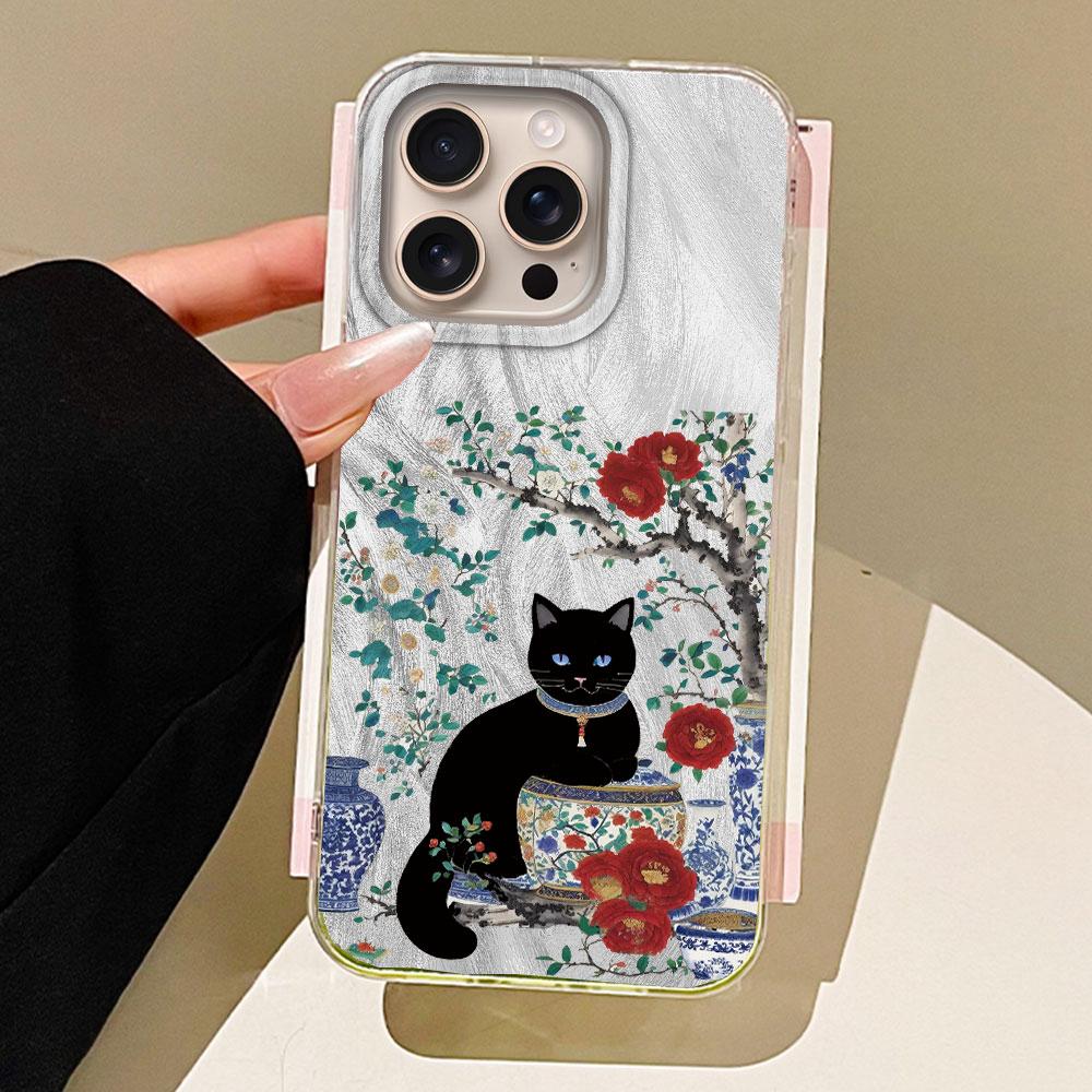 

White Porcelain Cat Flower Feather Texture Phone Case for iphone 16 15 14 7 8 Plus 13 11 12 Pro Max X XS XR SE 2022 Back Cover iphone 12