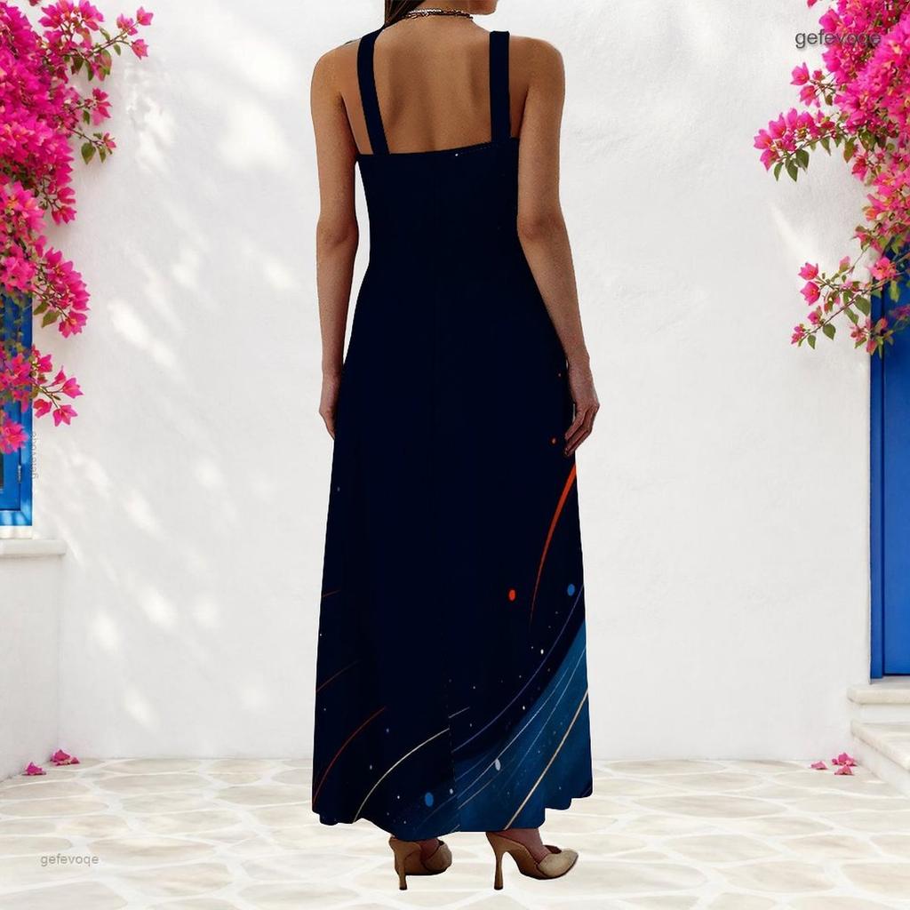 Women Plus Size Navy Blue Red Printed Scoop Neck Strappy Sleeveless A Line Long Dress