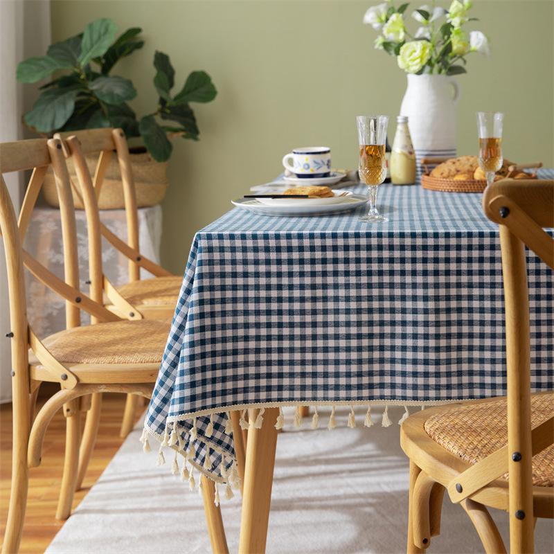 Linen Cotton Check Fringe Tablecloth Simple Rectangular Dining Table Cover