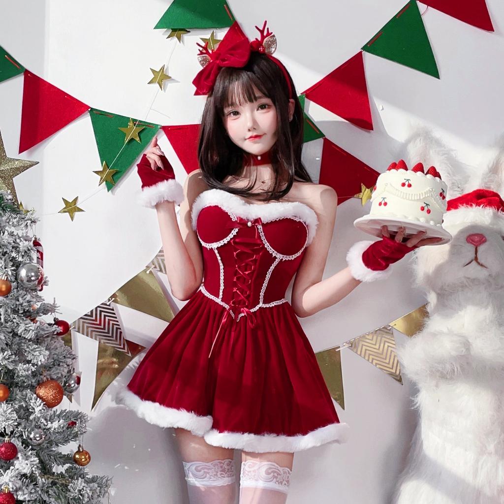 2026Christmas costume red Lolita Japanese Sexy Wrap Chest New Christmas Carnival Dress