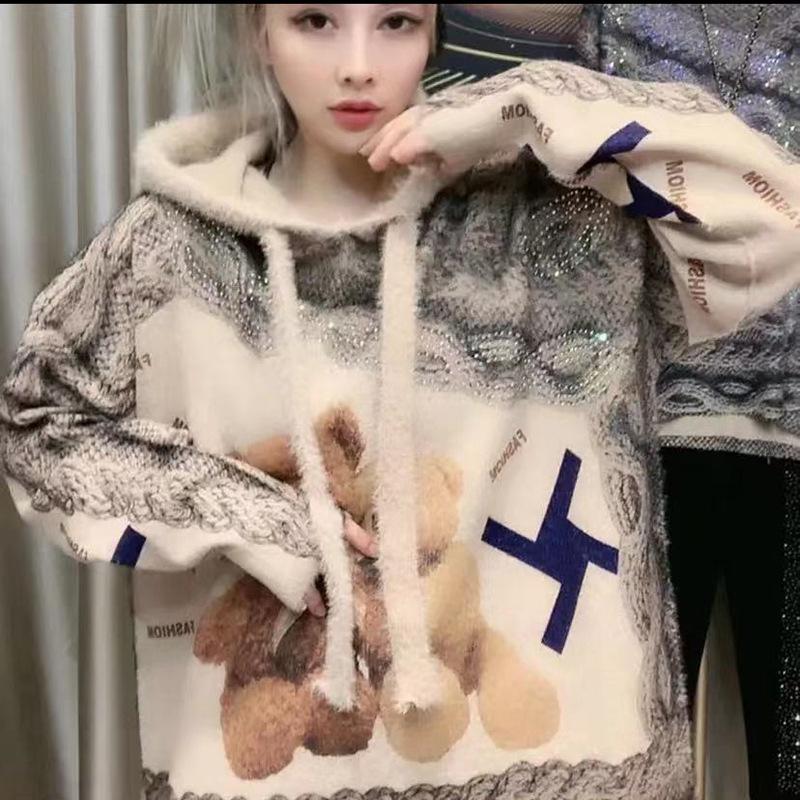 Women's Plus Size Rhinestone Faux Mink Velvet Hooded Sweater - European Style, Loose & Soft.