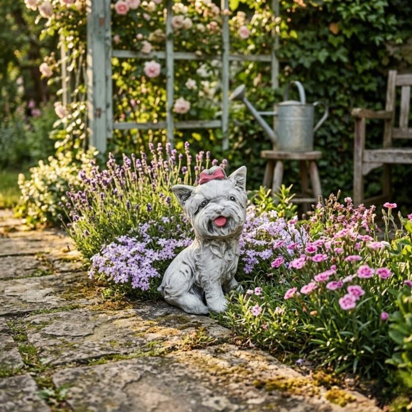 Sweet garden figure york terrier with bow gray