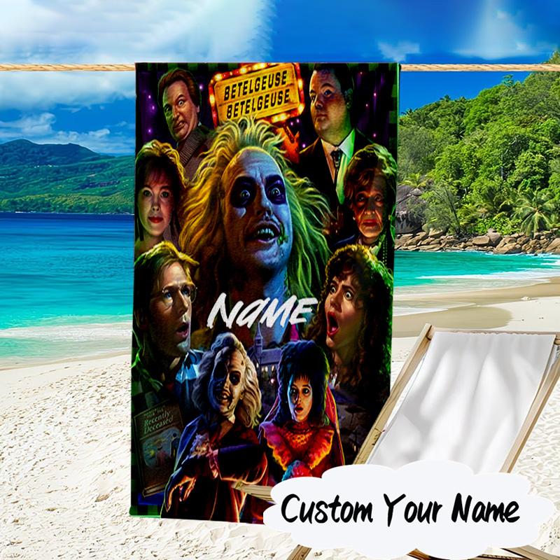 Custom Name Beetlejuice Horror Microfiber Beach Towel Super Soft & Absorbent for Bath, Beach, Travel Bath Time Accessory, Fan Gifts